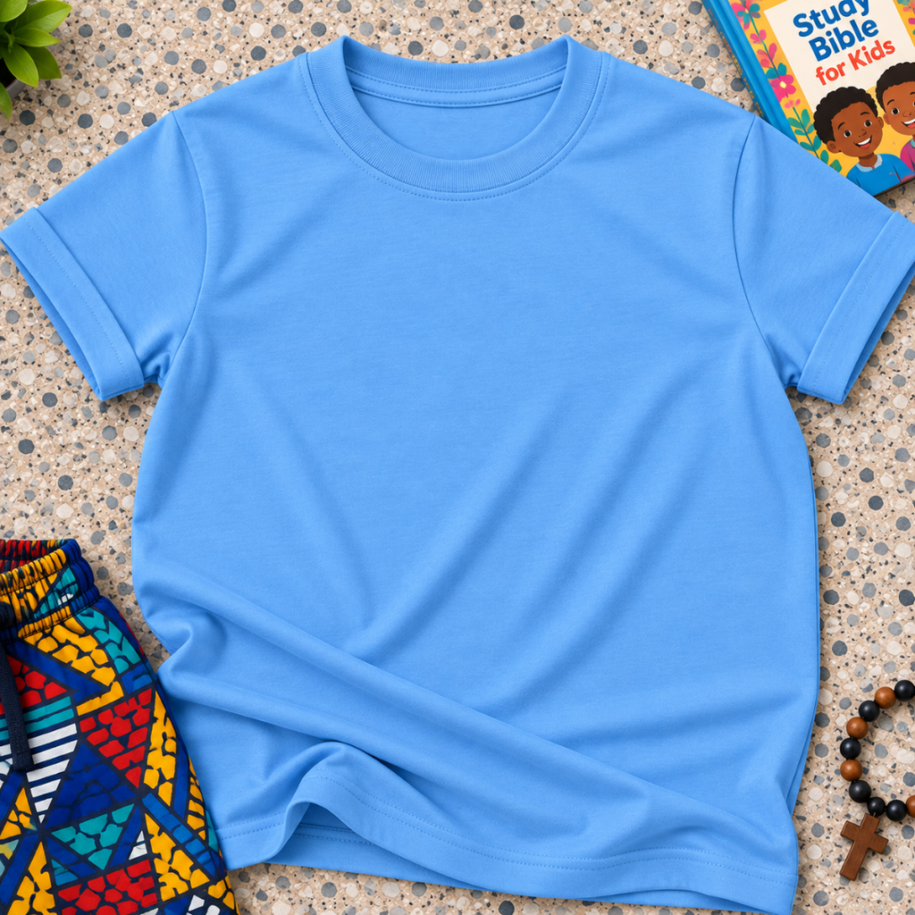 Plain Christian kids shirt in light blue featuring a simple design with no printed graphics or text
