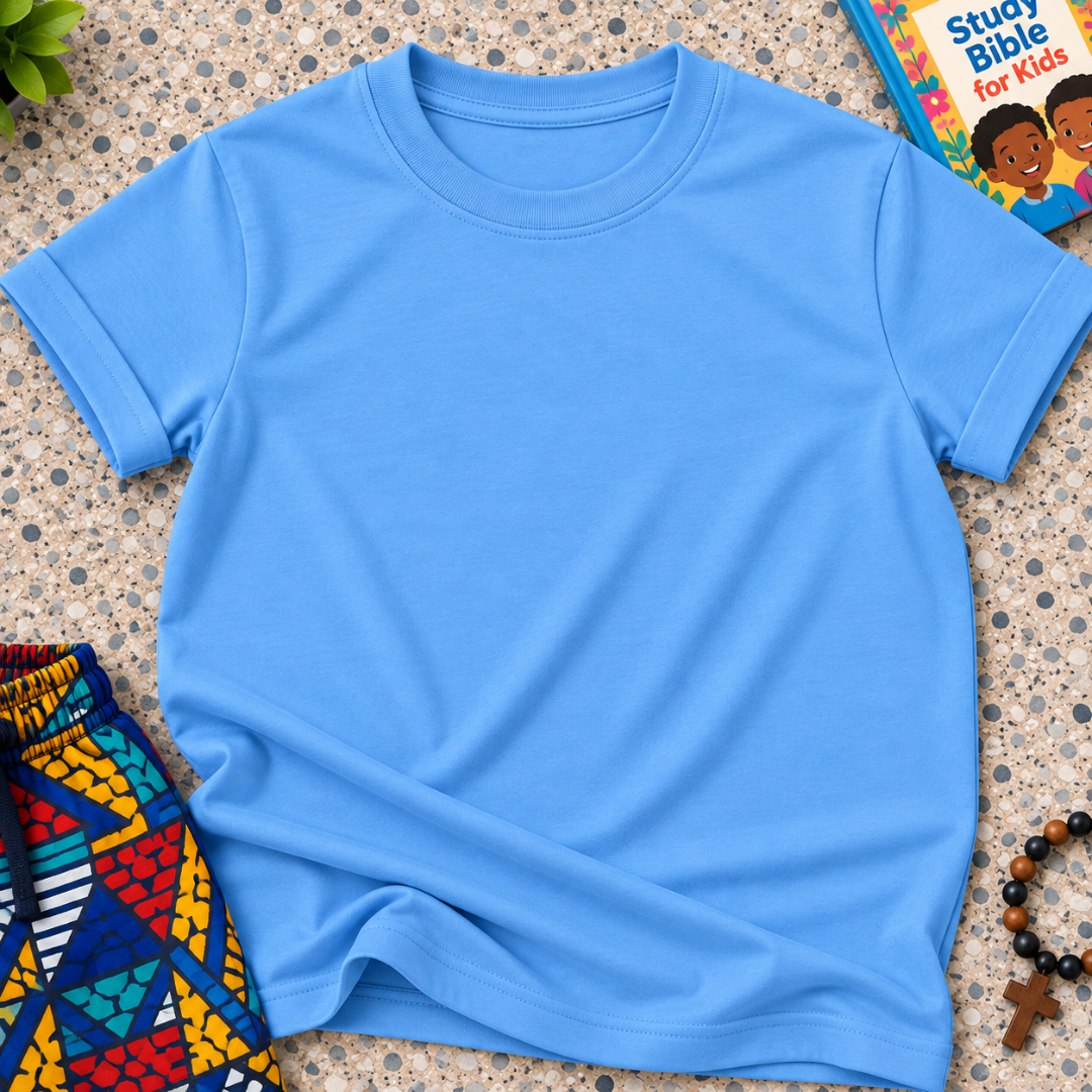 Plain Christian kids shirt in light blue featuring a simple design with no printed graphics or text
