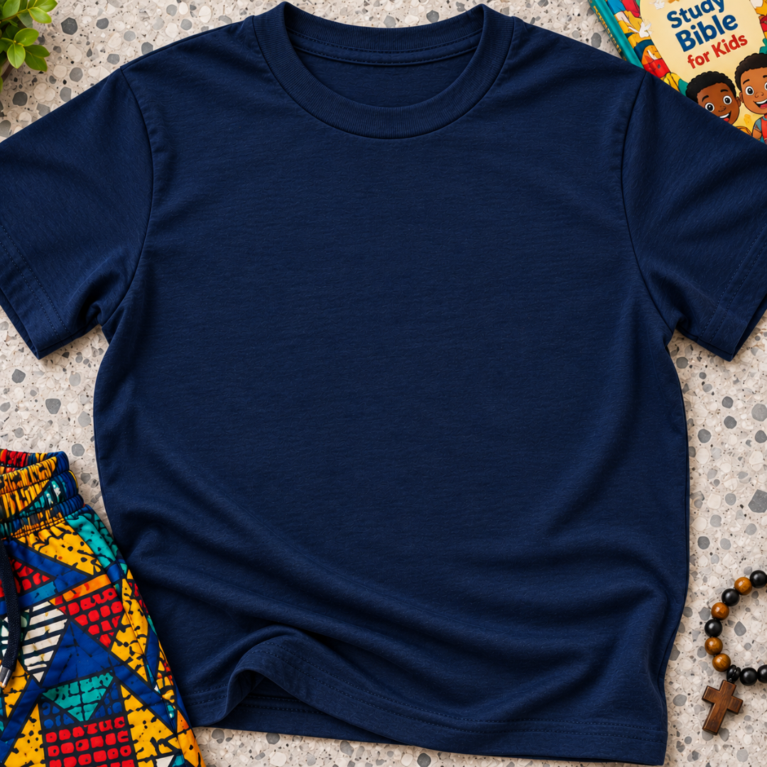 Plain Christian kids shirt in navy blue featuring a simple design with no printed graphics or text
