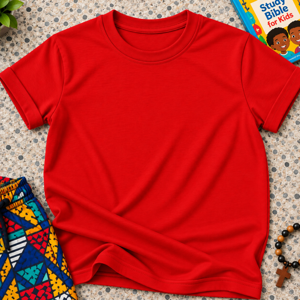 Plain Christian kids shirt in red featuring a simple design with no printed graphics or text
