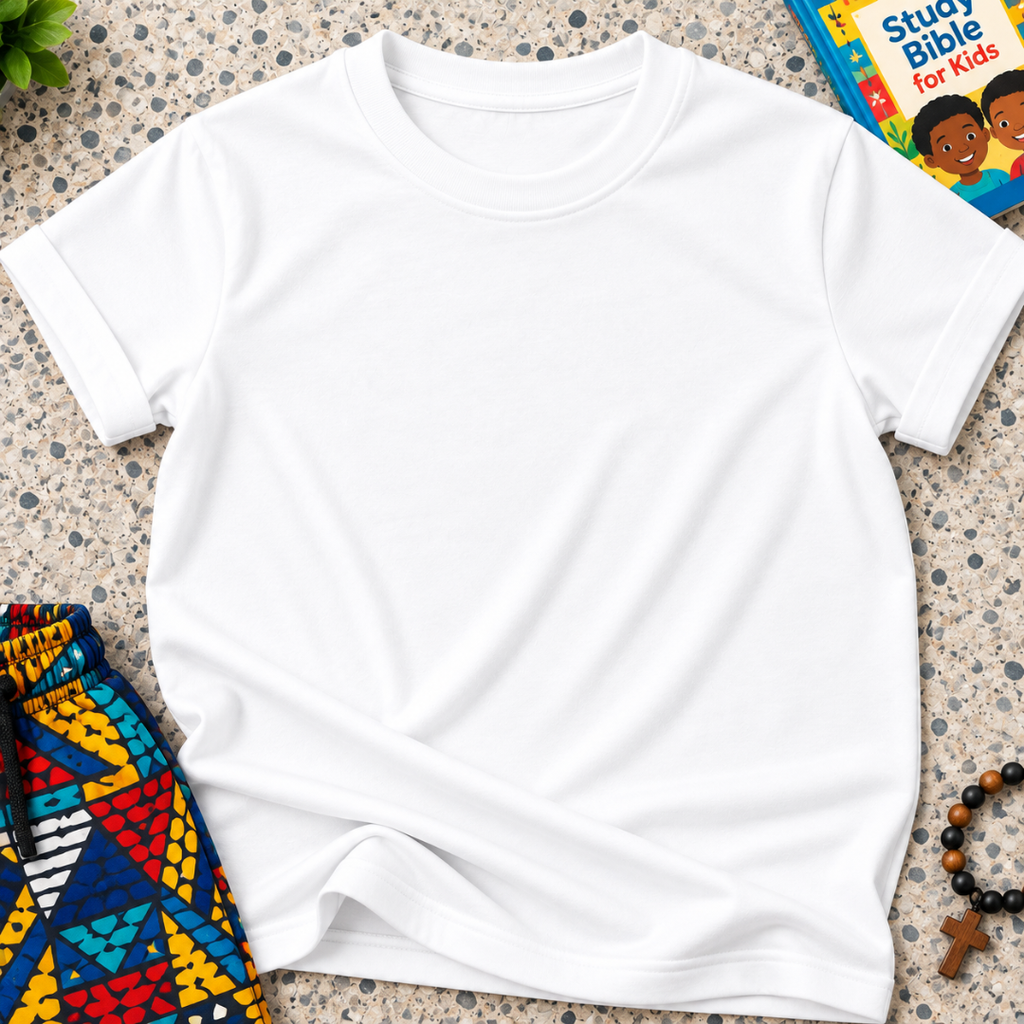 Plain Christian kids shirt in white featuring a simple design with no printed graphics or text

