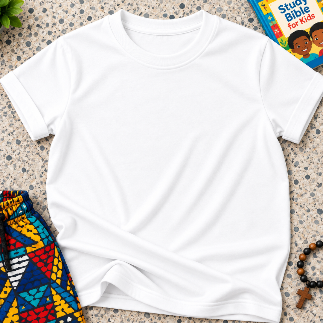Plain Christian kids shirt in white featuring a simple design with no printed graphics or text
