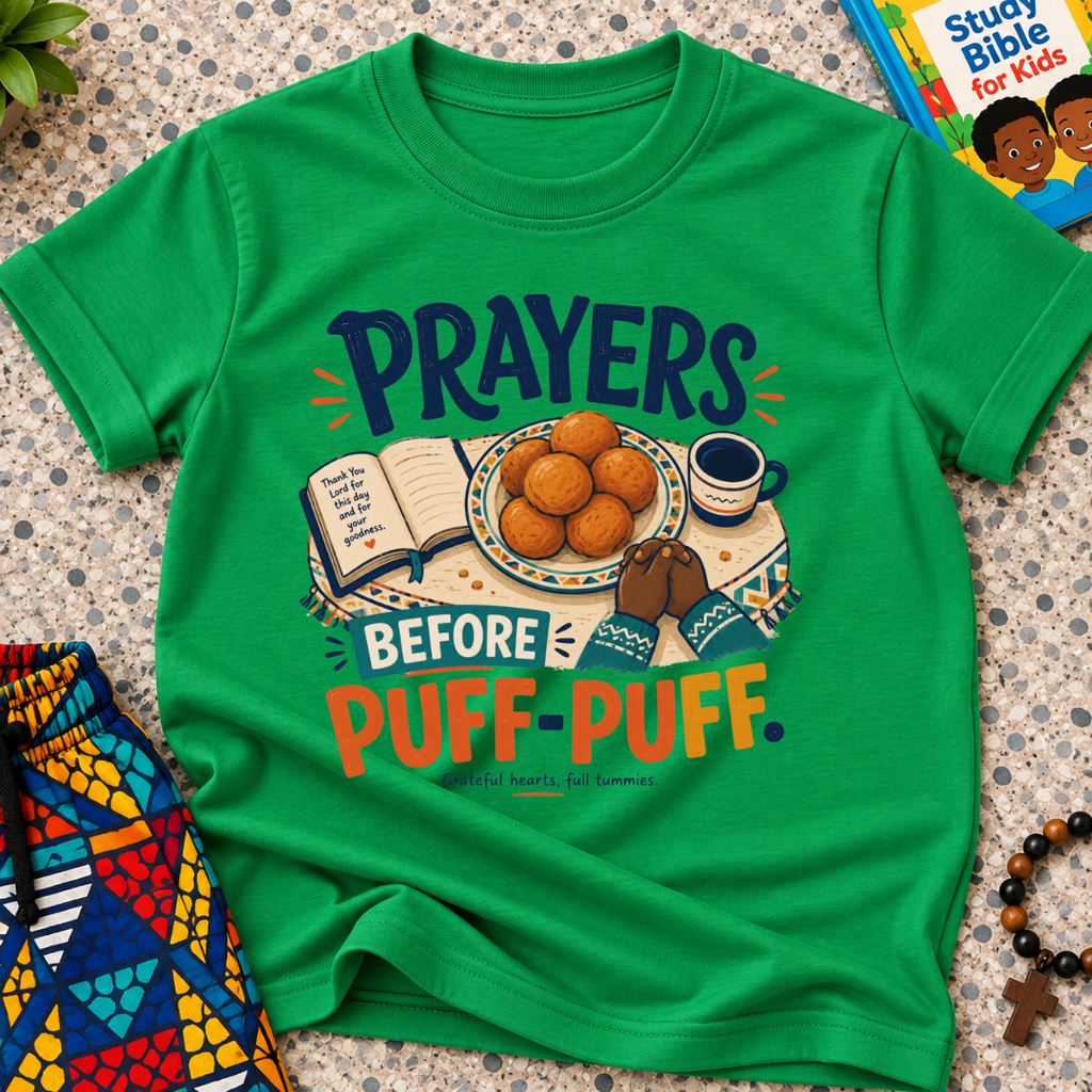 Prayers Before Puff Puff Christian kids shirt in green featuring puff puff and Nigerian food-inspired artwork
