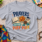 Prayers Before Puff Puff Christian kids shirt in grey featuring puff puff and Nigerian food-inspired artwork
