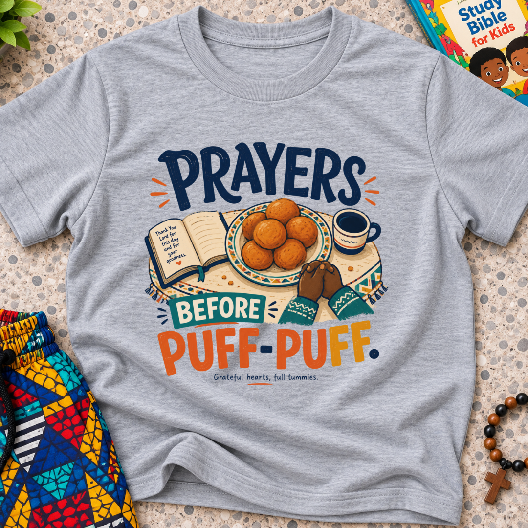Prayers Before Puff Puff Christian kids shirt in grey featuring puff puff and Nigerian food-inspired artwork
