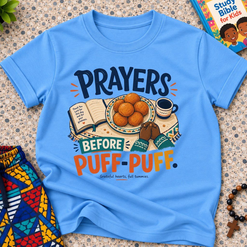 Prayers Before Puff Puff Christian kids shirt in light blue featuring puff puff and Nigerian food-inspired artwork
