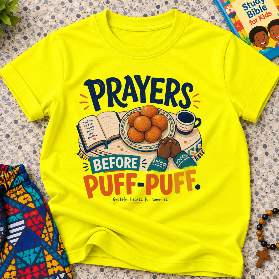 Prayers Before Puff Puff Christian kids shirt in yellow featuring puff puff and Nigerian food-inspired artwork
