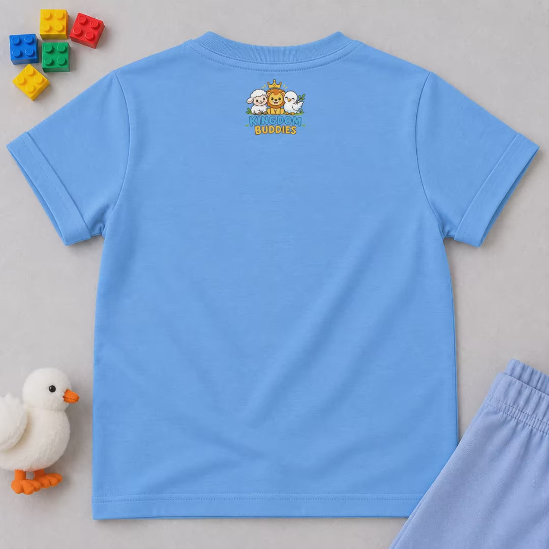 Back view of Christian kids shirt shown in multiple available colors for children ages 2–10