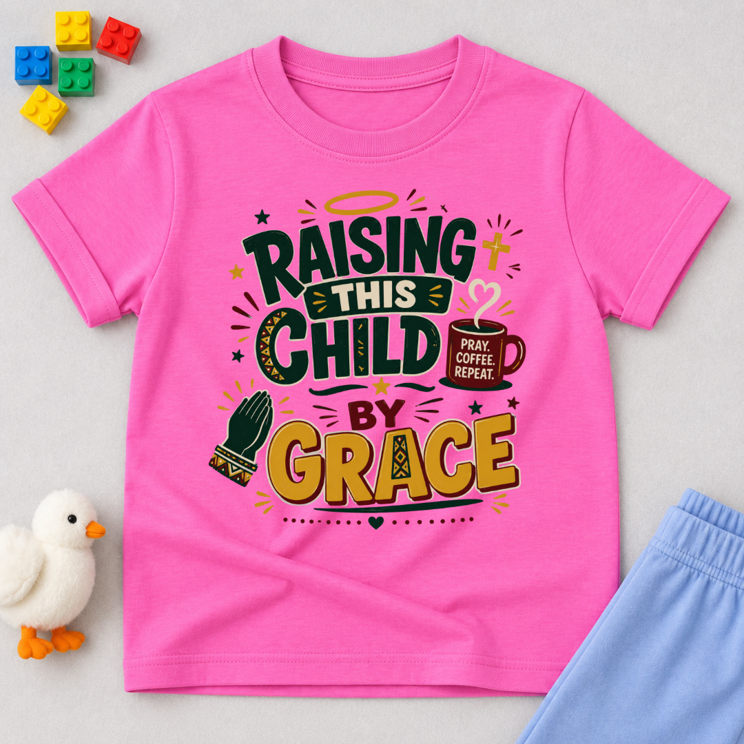 Raising This Child by Grace Christian kids shirt in pink featuring warm typography and playful parenting-themed artwork
