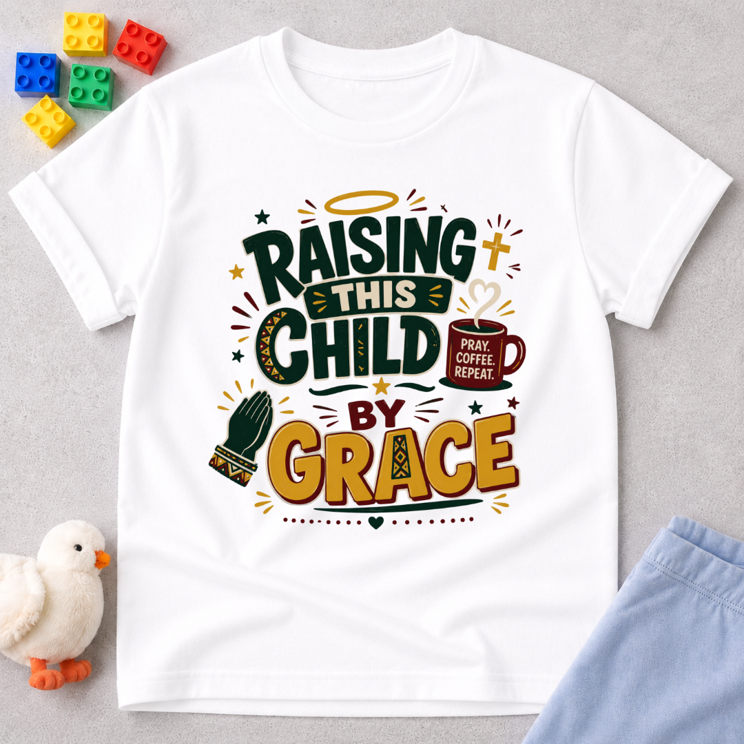Raising This Child by Grace Christian kids shirt in white featuring warm typography and playful parenting-themed artwork
