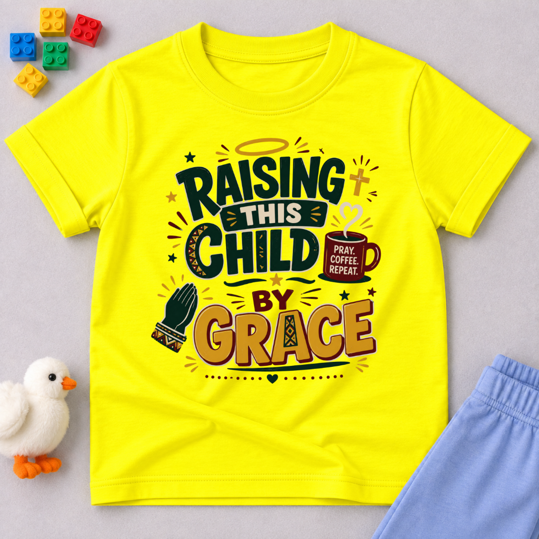 Raising This Child by Grace Christian kids shirt in yellow featuring warm typography and playful parenting-themed artwork
