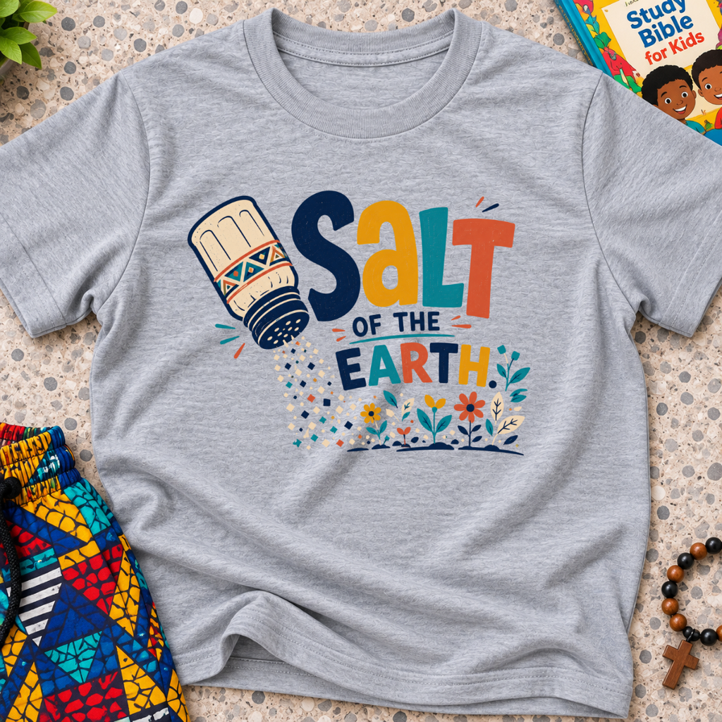 Salt of the Earth Christian kids shirt in grey featuring salt shaker illustrations and bold faith-inspired lettering
