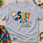 Salt of the Earth Christian kids shirt in grey featuring salt shaker illustrations and bold faith-inspired lettering
