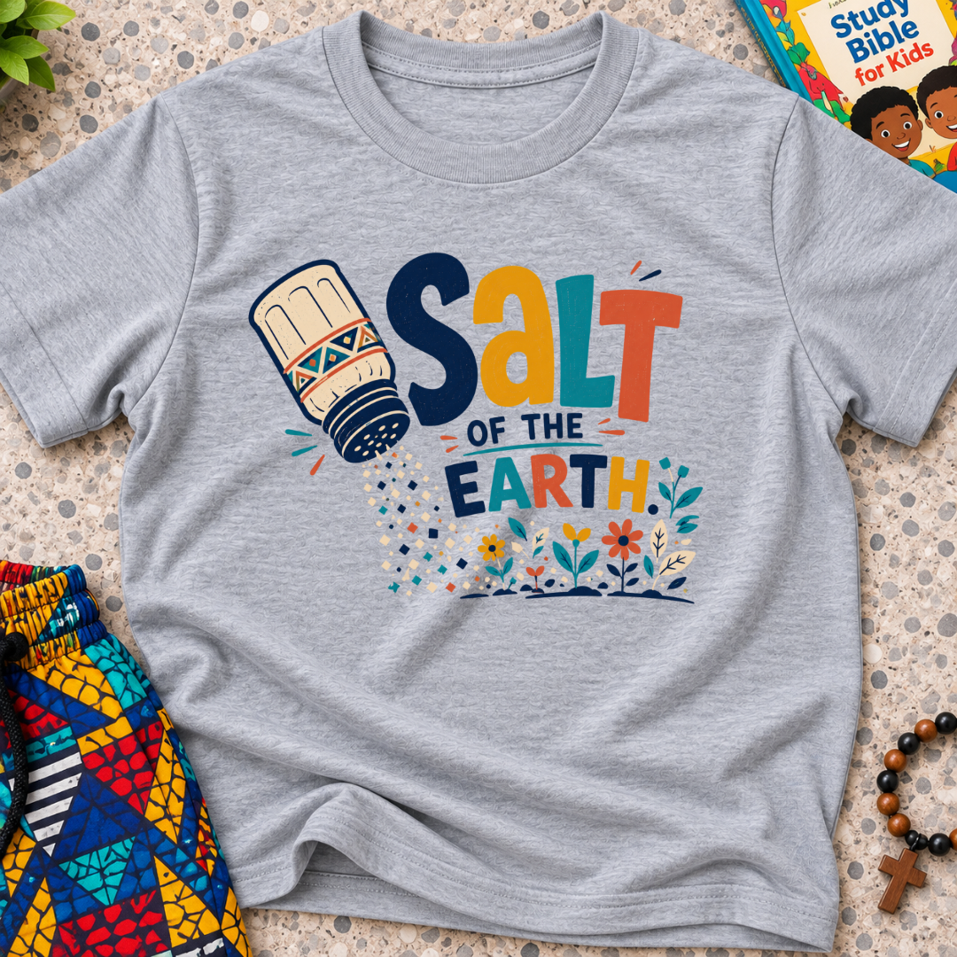 Salt of the Earth Christian kids shirt in grey featuring salt shaker illustrations and bold faith-inspired lettering
