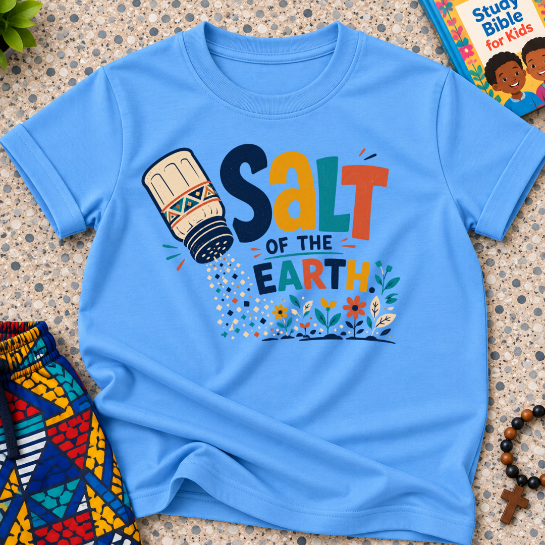 Salt of the Earth Christian kids shirt in light blue featuring salt shaker illustrations and bold faith-inspired lettering
