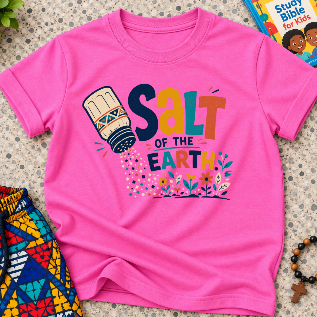 Salt of the Earth Christian kids shirt in pink featuring salt shaker illustrations and bold faith-inspired lettering
