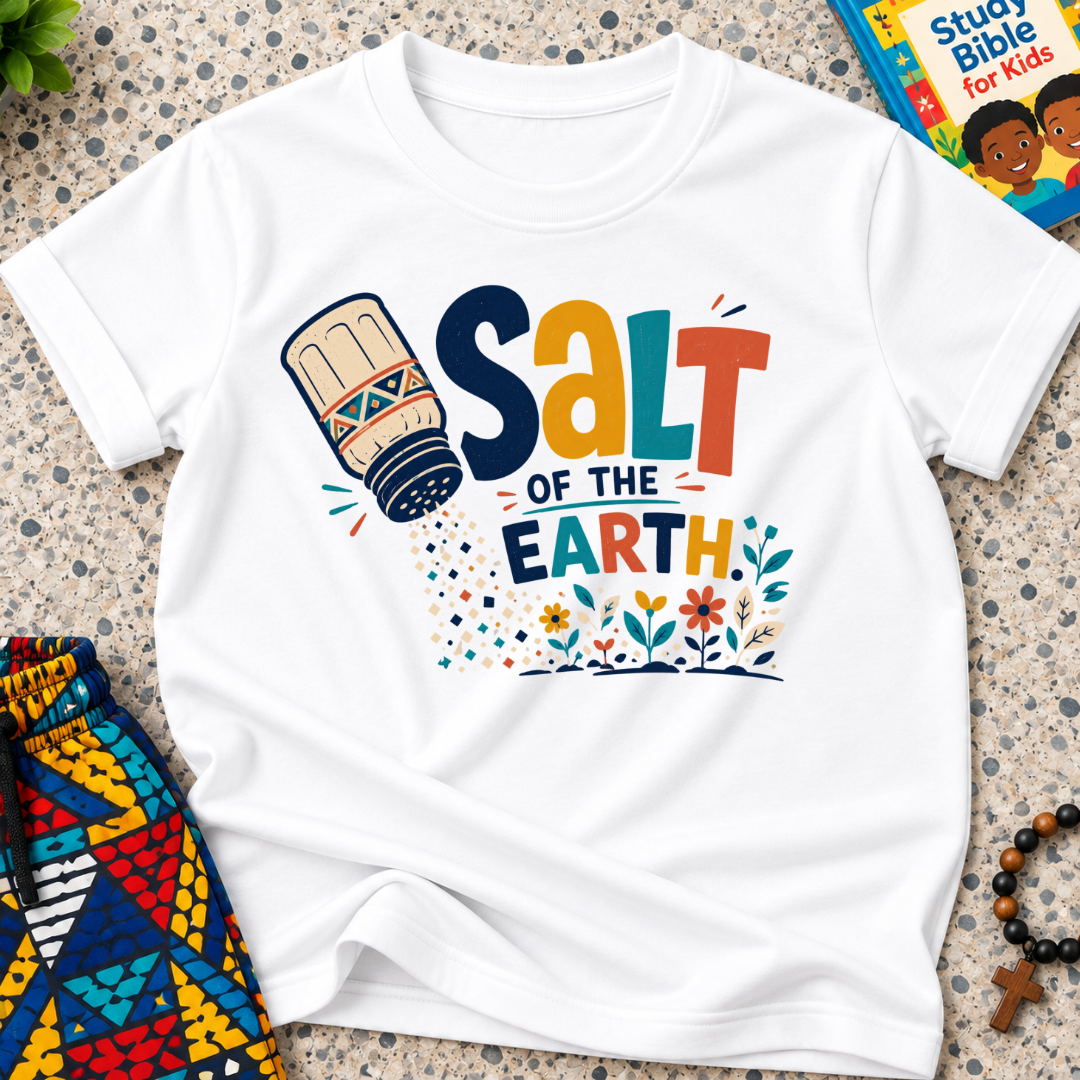 Salt of the Earth Christian kids shirt in white featuring salt shaker illustrations and bold faith-inspired lettering
