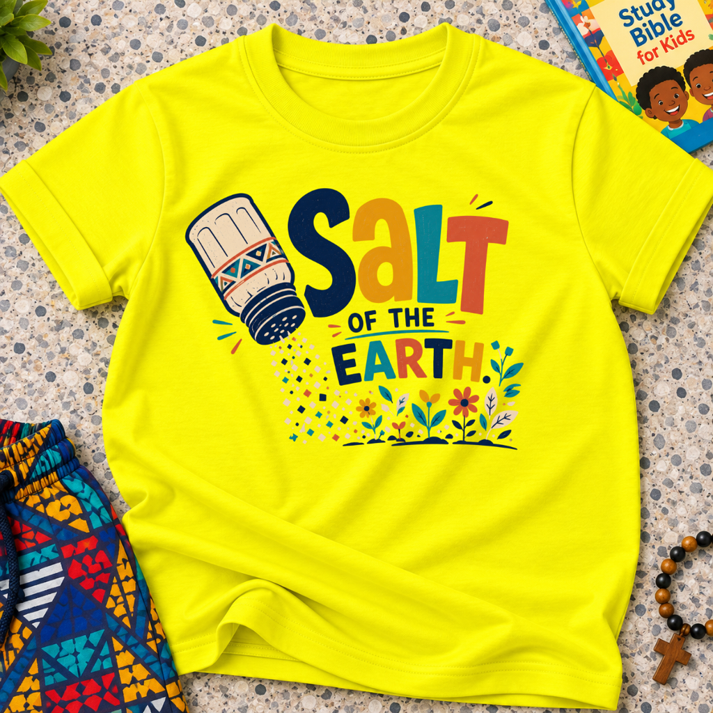 Salt of the Earth Christian kids shirt in yellow featuring salt shaker illustrations and bold faith-inspired lettering
