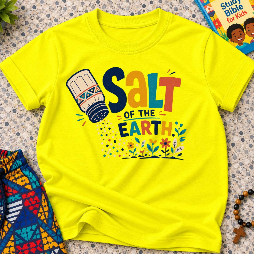 Salt of the Earth Christian kids shirt in yellow featuring salt shaker illustrations and bold faith-inspired lettering
