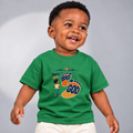 Small Boy, Big God Christian kids shirt in green featuring a child illustration and oversized footprint
