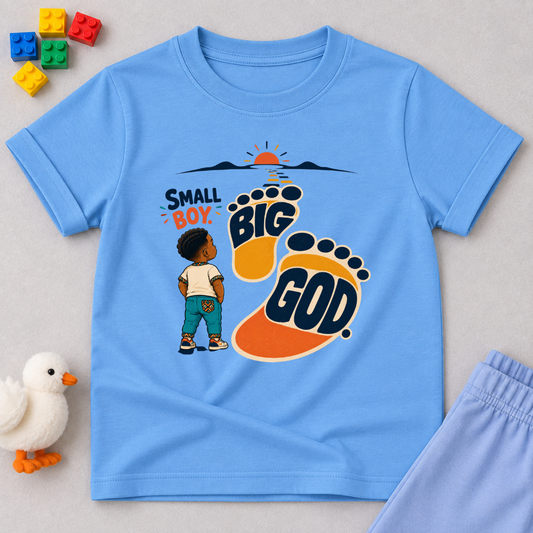 Small Boy, Big God Christian kids shirt in light blue featuring a child illustration and oversized footprint
