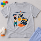 Small Boy, Big God Christian kids shirt in light grey featuring a child illustration and oversized footprint
