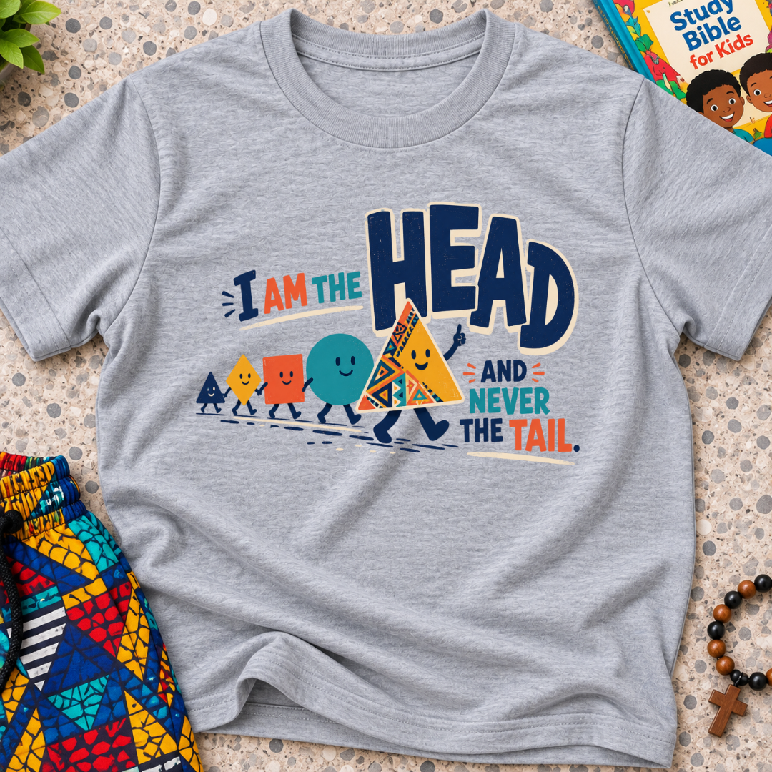 The Head Never the Tail Christian kids shirt in grey featuring bold typography and colourful faith-inspired illustrations
