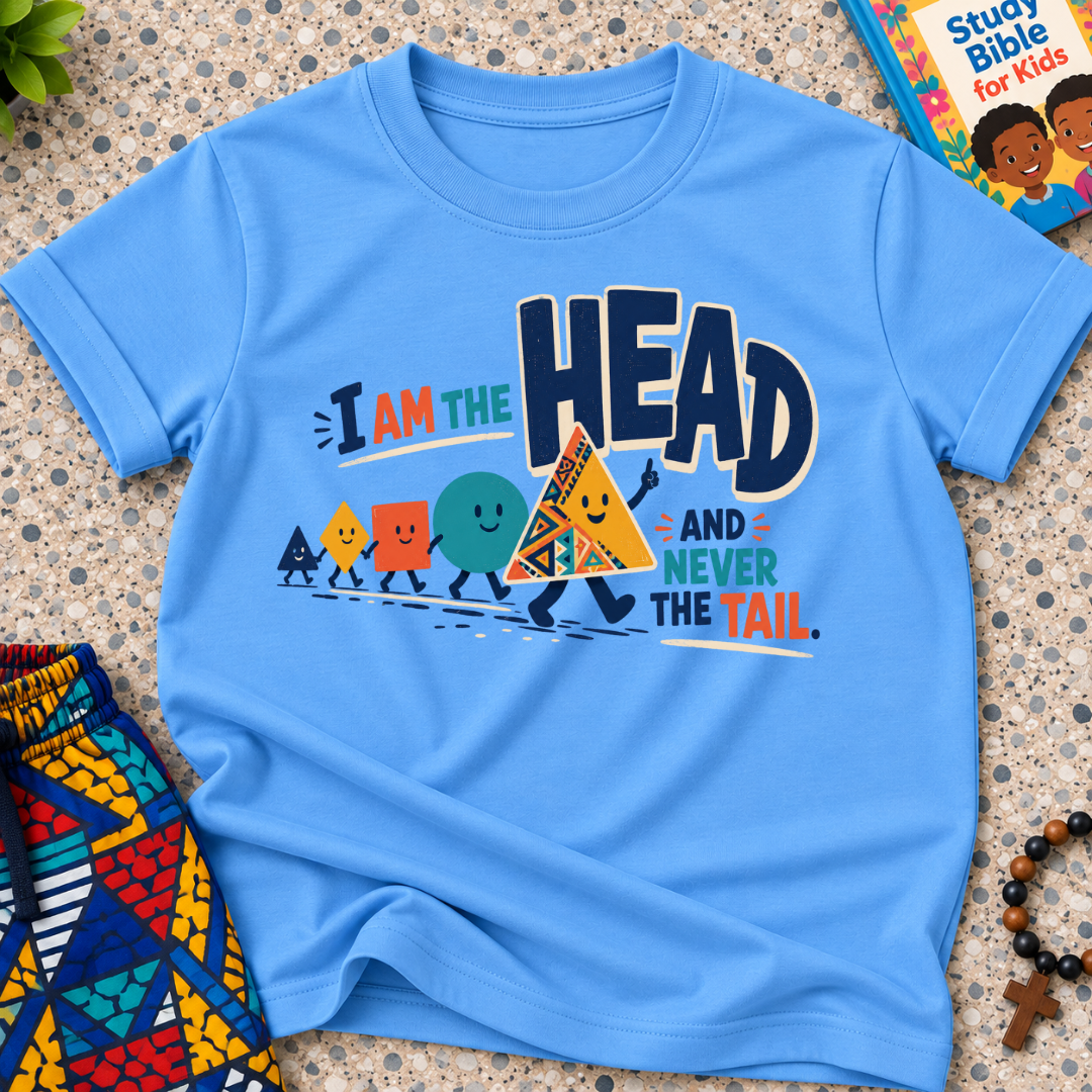 The Head Never the Tail Christian kids shirt in light blue featuring bold typography and colourful faith-inspired illustrations
