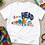 The Head Never the Tail Christian kids shirt in white featuring bold typography and colourful faith-inspired illustrations
