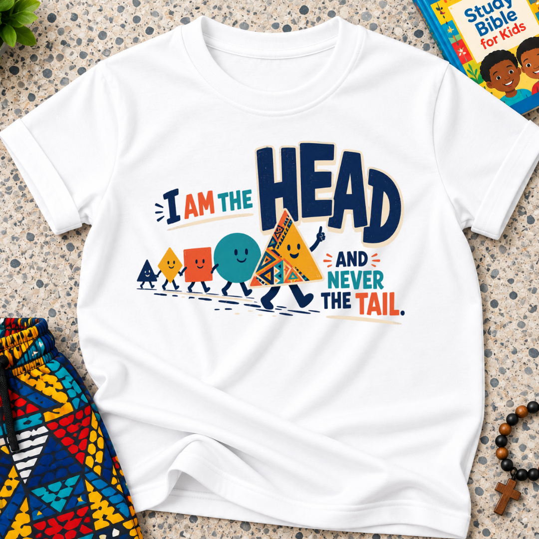 The Head Never the Tail Christian kids shirt in white featuring bold typography and colourful faith-inspired illustrations
