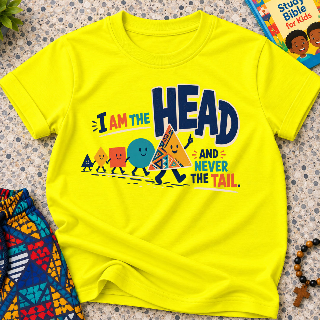 The Head Never the Tail Christian kids shirt in yellow featuring bold typography and colourful faith-inspired illustrations
