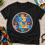 Yesu Yana Ƙaunata Hausa-language kids shirting in black featuring an alternative colourful lettering design
