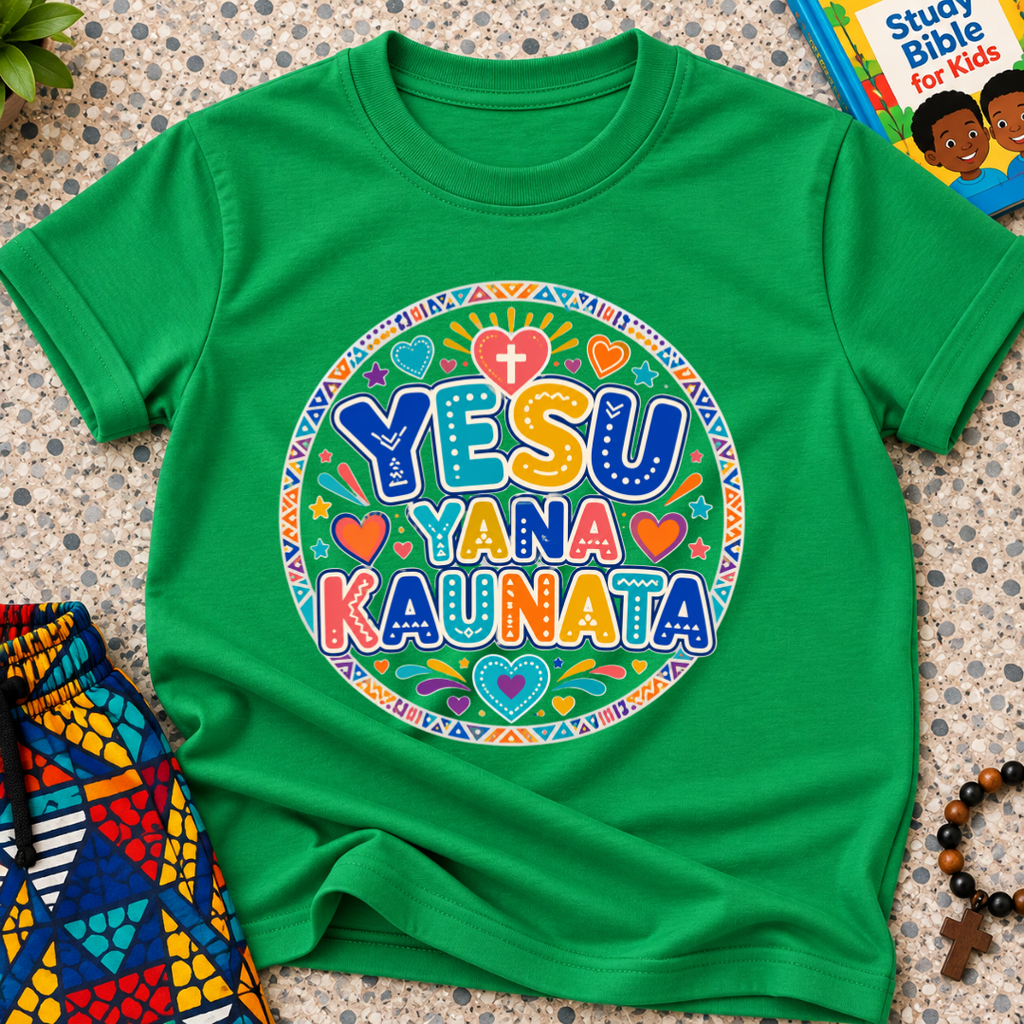 Yesu Yana Ƙaunata Hausa-language kids shirting in green featuring an alternative colourful lettering design
