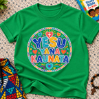 Yesu Yana Ƙaunata Hausa-language kids shirting in green featuring an alternative colourful lettering design
