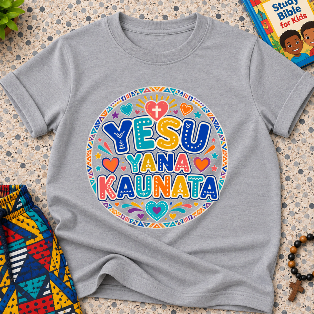 Yesu Yana Ƙaunata Hausa-language kids shirting in grey featuring an alternative colourful lettering design
