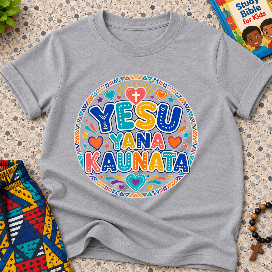 Yesu Yana Ƙaunata Hausa-language kids shirting in grey featuring an alternative colourful lettering design
