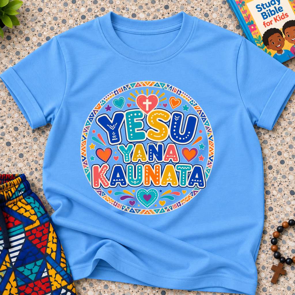 Yesu Yana Ƙaunata Hausa-language kids shirting in blue featuring an alternative colourful lettering design
