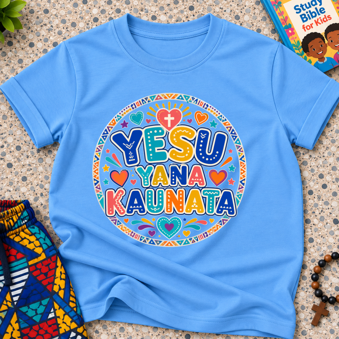 Yesu Yana Ƙaunata Hausa-language kids shirting in blue featuring an alternative colourful lettering design
