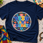 Yesu Yana Ƙaunata Hausa-language kids shirting in navy blue featuring an alternative colourful lettering design
