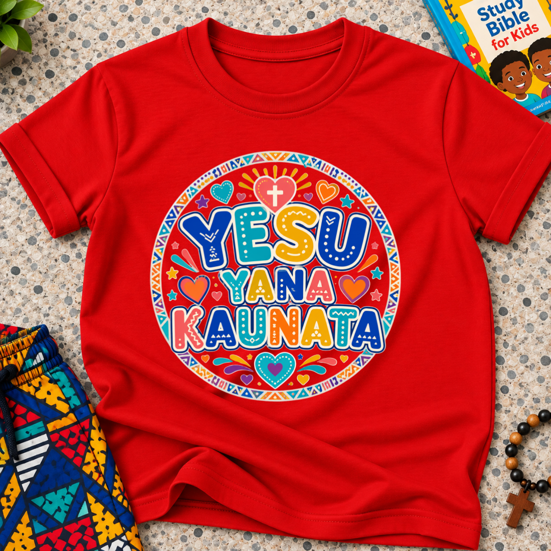 Yesu Yana Ƙaunata Hausa-language kids shirting in red featuring an alternative colourful lettering design
