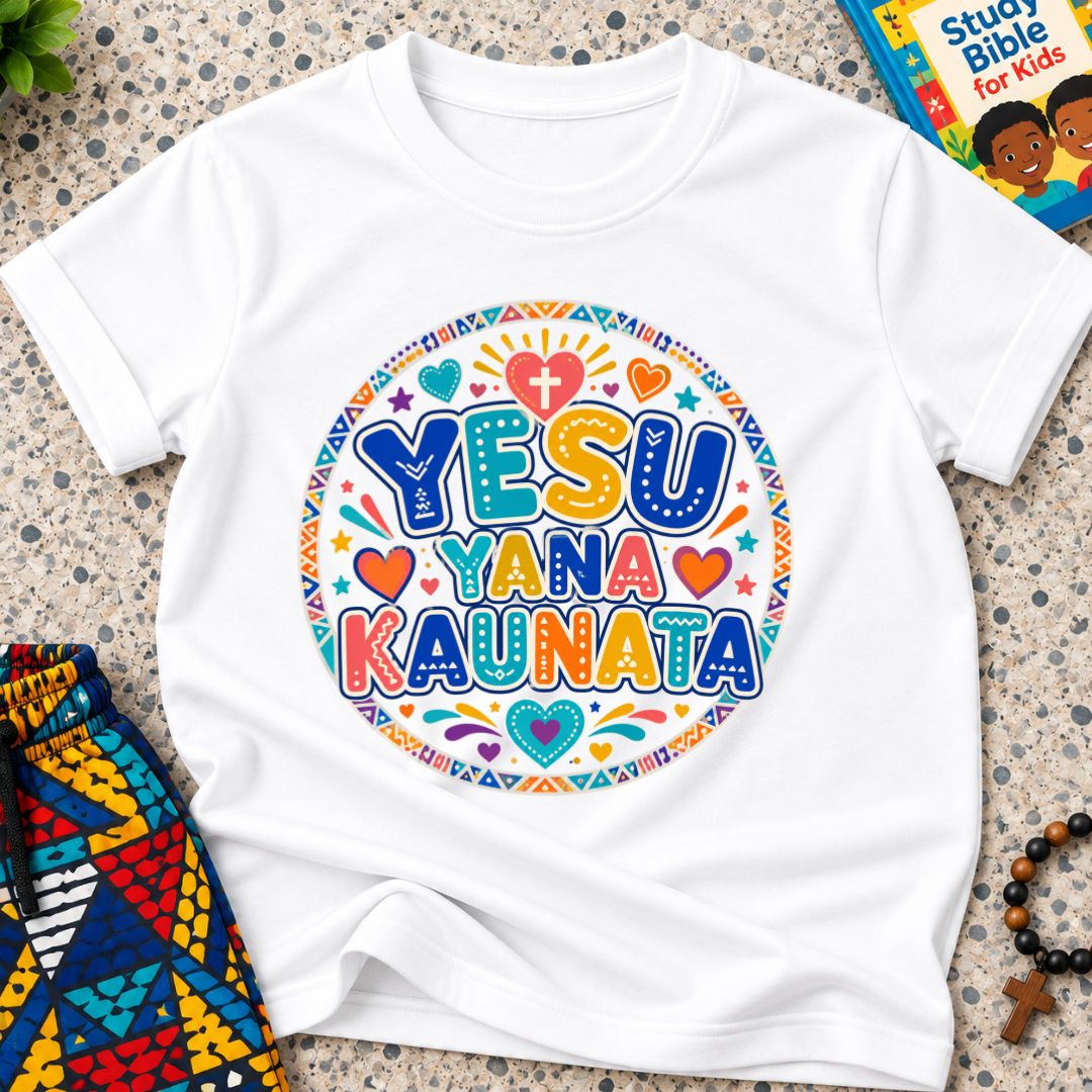 Yesu Yana Ƙaunata Hausa-language kids shirting in white featuring an alternative colourful lettering design
