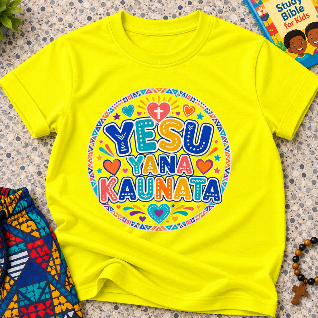 Yesu Yana Ƙaunata Hausa-language kids shirting in yellow featuring an alternative colourful lettering design
