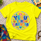 Yesu Yana Ƙaunata Hausa-language kids shirting in yellow featuring an alternative colourful lettering design
